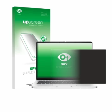 Parte frontal de un envase de producto con el logotipo de la marca upscreen. Al lado se muestra el dispositivo Dell Pro 14 Pre