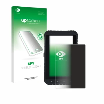 Parte frontal de un envase de producto con el logotipo de la marca upscreen. Al lado se muestra el dispositivo Winmate M700DQ8