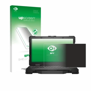 Parte frontal de un envase de producto con el logotipo de la marca upscreen. Al lado se muestra el dispositivo Dell Pro Rugged
