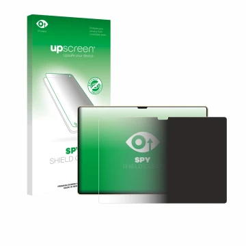 Parte frontal de un envase de producto con el logotipo de la marca upscreen. Al lado se muestra el dispositivo Huawei MatePad 