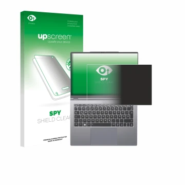 Parte frontal de un envase de producto con el logotipo de la marca upscreen. Al lado se muestra el dispositivo Tuxedo Infinity