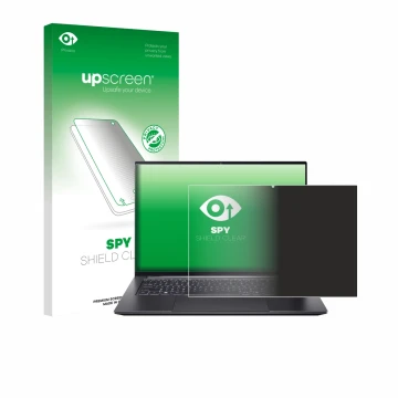 Parte frontal de un envase de producto con el logotipo de la marca upscreen. Al lado se muestra el dispositivo Acer Swift X 14