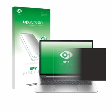 Parte frontal de un envase de producto con el logotipo de la marca upscreen. Al lado se muestra el dispositivo HP ProBook 4 G1