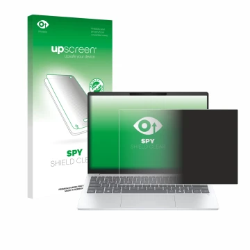 Parte frontal de un envase de producto con el logotipo de la marca upscreen. Al lado se muestra el dispositivo HP OmniBook 7 A