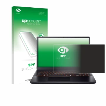 Parte frontal de un envase de producto con el logotipo de la marca upscreen. Al lado se muestra el dispositivo Acer Nitro V 15