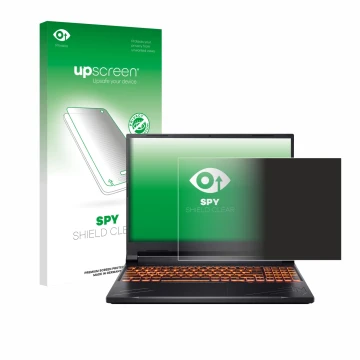 Parte frontal de un envase de producto con el logotipo de la marca upscreen. Al lado se muestra el dispositivo Acer Nitro V 16