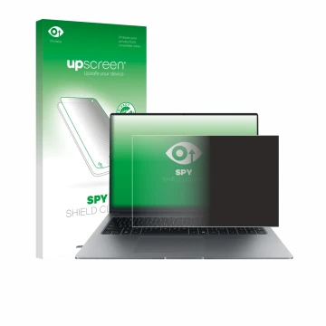 Parte frontal de un envase de producto con el logotipo de la marca upscreen. Al lado se muestra el dispositivo Honor MagicBook