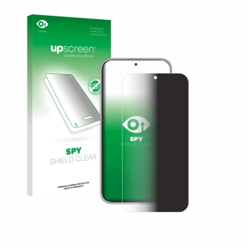 Parte frontal de un envase de producto con el logotipo de la marca upscreen. Al lado se muestra el dispositivo Huawei Mate 70 