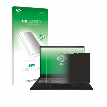 Parte frontal de un envase de producto con el logotipo de la marca upscreen. Al lado se muestra el dispositivo MSI Summit A16 
