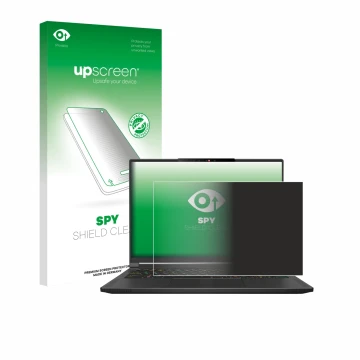 Parte frontal de un envase de producto con el logotipo de la marca upscreen. Al lado se muestra el dispositivo MSI Stealth A16