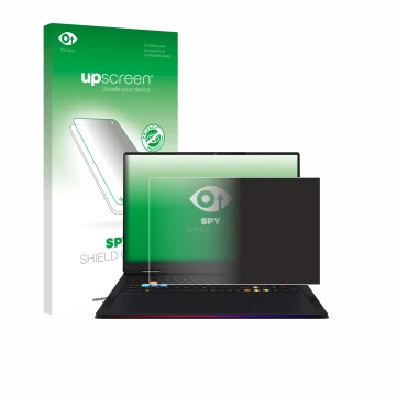 Parte frontal de un envase de producto con el logotipo de la marca upscreen. Al lado se muestra el dispositivo MSI Raider A18 