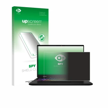 Parte frontal de un envase de producto con el logotipo de la marca upscreen. Al lado se muestra el dispositivo MSI Vector 16 H