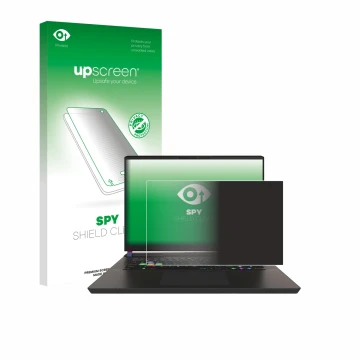 Parte frontal de un envase de producto con el logotipo de la marca upscreen. Al lado se muestra el dispositivo MSI Vector 17 H