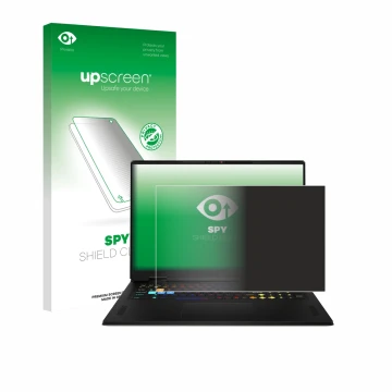 Parte frontal de un envase de producto con el logotipo de la marca upscreen. Al lado se muestra el dispositivo MSI Vector A18 