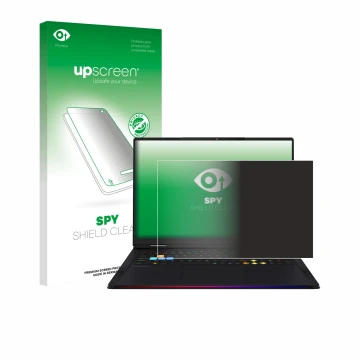 Parte frontal de un envase de producto con el logotipo de la marca upscreen. Al lado se muestra el dispositivo MSI Raider 18 H