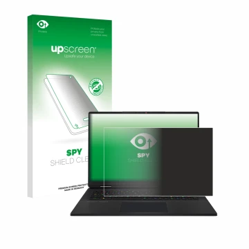 Parte frontal de un envase de producto con el logotipo de la marca upscreen. Al lado se muestra el dispositivo MSI Titan 18 HX
