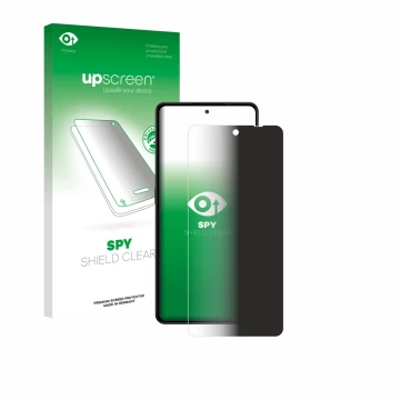 Parte frontal de un envase de producto con el logotipo de la marca upscreen. Al lado se muestra el dispositivo Gigaset GS6 con