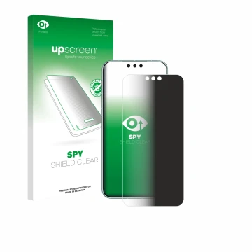 Parte frontal de un envase de producto con el logotipo de la marca upscreen. Al lado se muestra el dispositivo Huawei Mate 80 