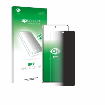 Parte frontal de un envase de producto con el logotipo de la marca upscreen. Al lado se muestra el dispositivo Huawei Mate X7 