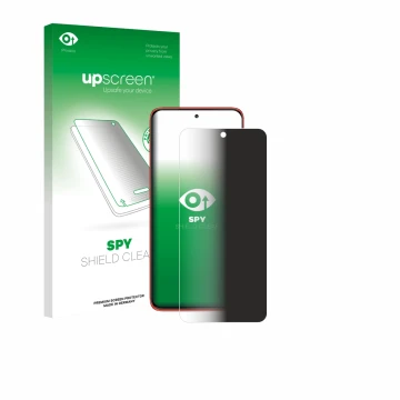 Parte frontal de un envase de producto con el logotipo de la marca upscreen. Al lado se muestra el dispositivo Motorola Edge 6