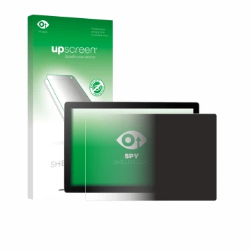 Parte frontal de un envase de producto con el logotipo de la marca upscreen. Al lado se muestra el dispositivo Wacom Cintiq 16