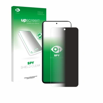 Parte frontal de un envase de producto con el logotipo de la marca upscreen. Al lado se muestra el dispositivo Xiaomi Poco M7 