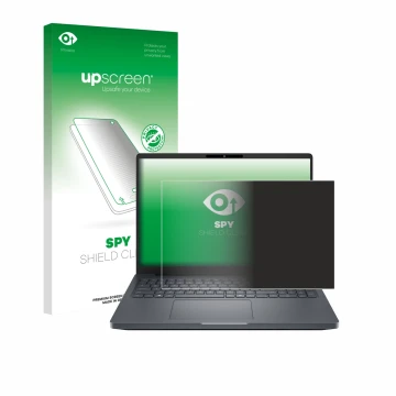Parte frontal de un envase de producto con el logotipo de la marca upscreen. Al lado se muestra el dispositivo Dell Pro Max 16