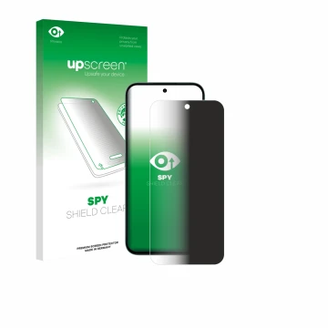 Parte frontal de un envase de producto con el logotipo de la marca upscreen. Al lado se muestra el dispositivo Honor X6c con s