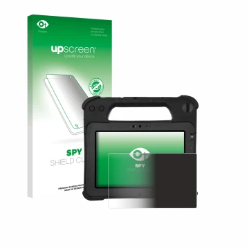 Parte frontal de un envase de producto con el logotipo de la marca upscreen. Al lado se muestra el dispositivo Zebra XPad L10a
