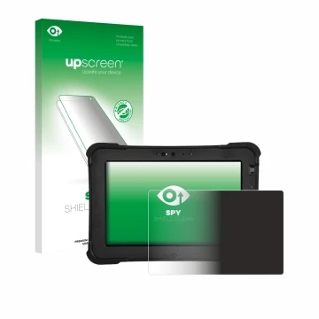 Parte frontal de un envase de producto con el logotipo de la marca upscreen. Al lado se muestra el dispositivo Zebra XSlate L1