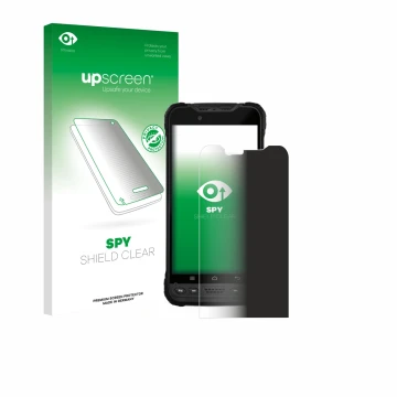 Parte frontal de un envase de producto con el logotipo de la marca upscreen. Al lado se muestra el dispositivo Zebra Xplore M6