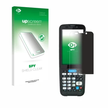 Parte frontal de un envase de producto con el logotipo de la marca upscreen. Al lado se muestra el dispositivo Unitech HT330 c