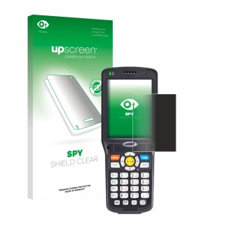 Parte frontal de un envase de producto con el logotipo de la marca upscreen. Al lado se muestra el dispositivo Unitech HT510 c