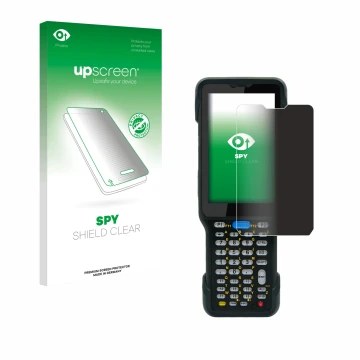 Parte frontal de un envase de producto con el logotipo de la marca upscreen. Al lado se muestra el dispositivo Unitech HT730 c