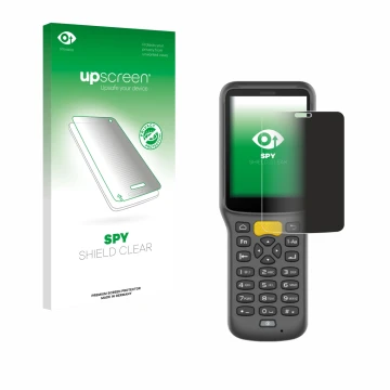 Parte frontal de un envase de producto con el logotipo de la marca upscreen. Al lado se muestra el dispositivo Newland MT37 Ba