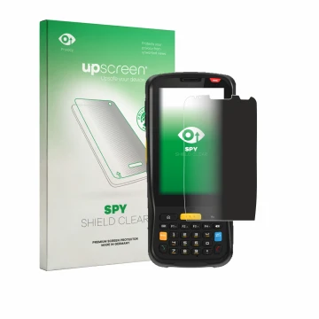 Parte frontal de un envase de producto con el logotipo de la marca upscreen. Al lado se muestra el dispositivo Newland MT65 Be