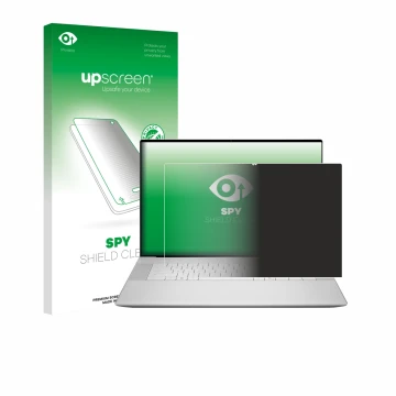 Parte frontal de un envase de producto con el logotipo de la marca upscreen. Al lado se muestra el dispositivo Dell 16 Premium