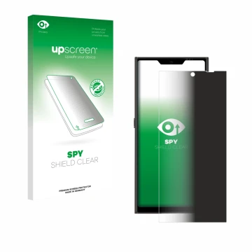 Parte frontal de un envase de producto con el logotipo de la marca upscreen. Al lado se muestra el dispositivo Jolla Phone con