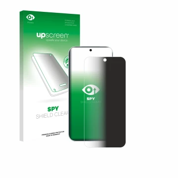 Parte frontal de un envase de producto con el logotipo de la marca upscreen. Al lado se muestra el dispositivo Vivo S50 con su
