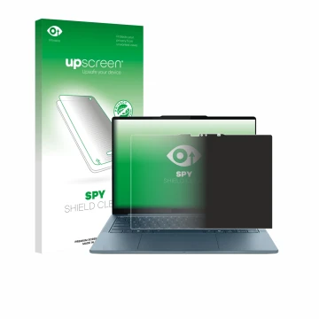 Parte frontal de un envase de producto con el logotipo de la marca upscreen. Al lado se muestra el dispositivo Lenovo Yoga Sli