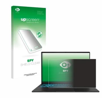 Parte frontal de un envase de producto con el logotipo de la marca upscreen. Al lado se muestra el dispositivo ASUS V16 V3607 