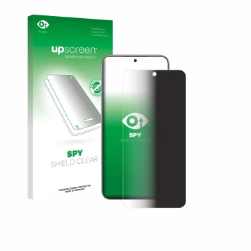 Parte frontal de un envase de producto con el logotipo de la marca upscreen. Al lado se muestra el dispositivo Honor X70 con s