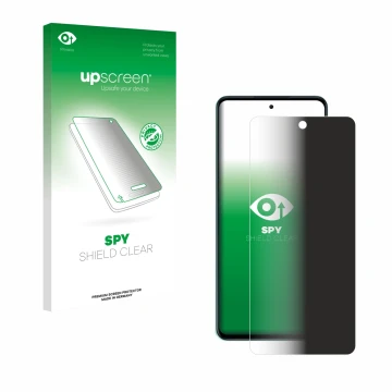 Parte frontal de un envase de producto con el logotipo de la marca upscreen. Al lado se muestra el dispositivo Oppo A5 con su 