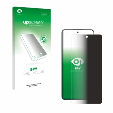 Parte frontal de un envase de producto con el logotipo de la marca upscreen. Al lado se muestra el dispositivo Oppo K13 con su