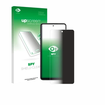 Parte frontal de un envase de producto con el logotipo de la marca upscreen. Al lado se muestra el dispositivo Oppo K13x con s