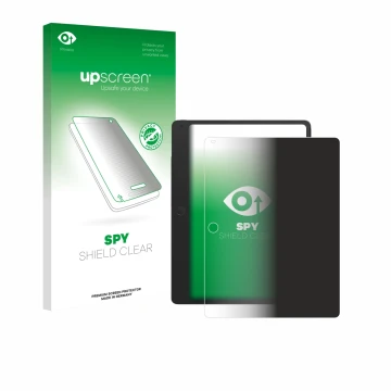 Parte frontal de un envase de producto con el logotipo de la marca upscreen. Al lado se muestra el dispositivo TCL Note A1 con