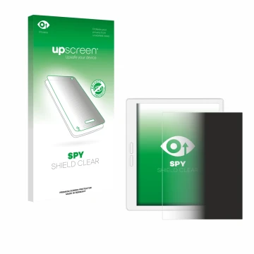 Parte frontal de un envase de producto con el logotipo de la marca upscreen. Al lado se muestra el dispositivo Bigme B751C-S c