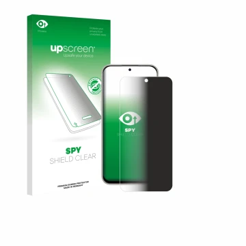 Parte frontal de un envase de producto con el logotipo de la marca upscreen. Al lado se muestra el dispositivo Nubia V80 Pro c