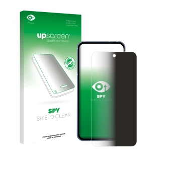 Parte frontal de un envase de producto con el logotipo de la marca upscreen. Al lado se muestra el dispositivo Sharp Aquos Sen