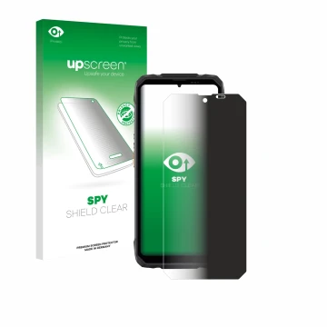 Parte frontal de un envase de producto con el logotipo de la marca upscreen. Al lado se muestra el dispositivo Blackview Rock 